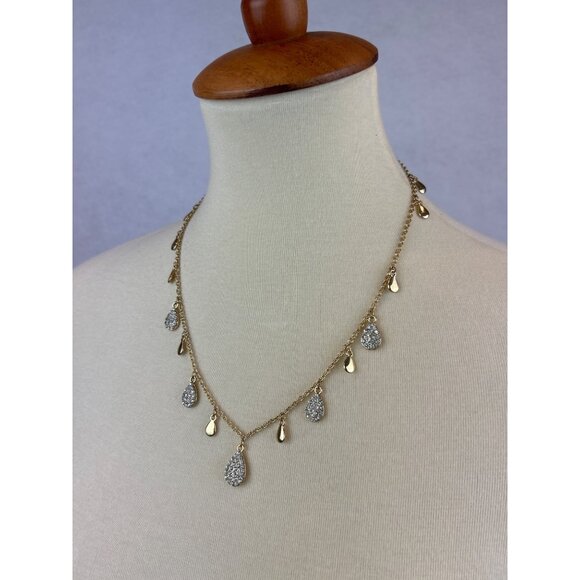 Gold Tone Teardrop Necklace Drop Clear Crystal Accents - Picture 4 of 8